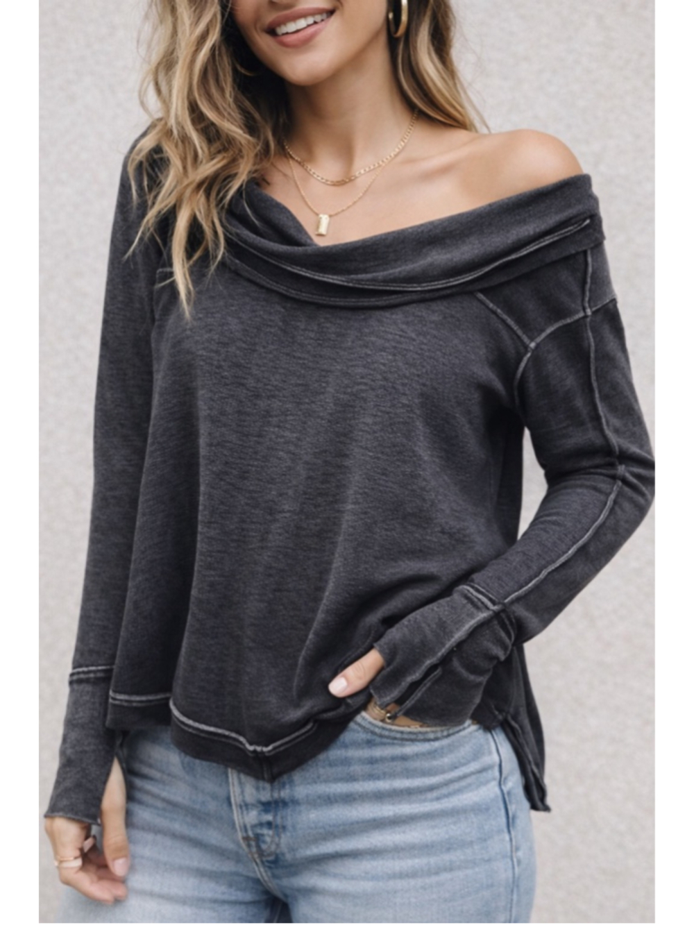 Free People Off Shoulder Slouchy Top Black Oversized XS Boho